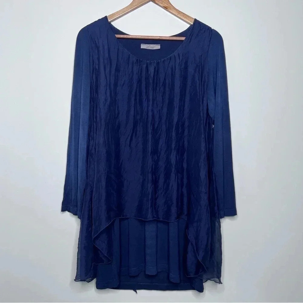 Baci Italy Navy Long Sleeve Silk Overlay Split Back Top